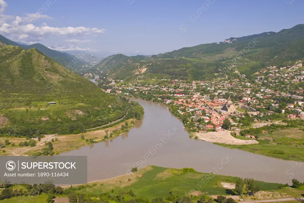 View over the Mtkvari River and Mtskheta, Georgia, Caucasus, Central Asia, Asia