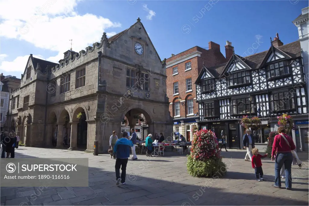 Old Market Hall and Square in summer sun, Shrewsbury, Shropshire, England, United Kingdom, Europe