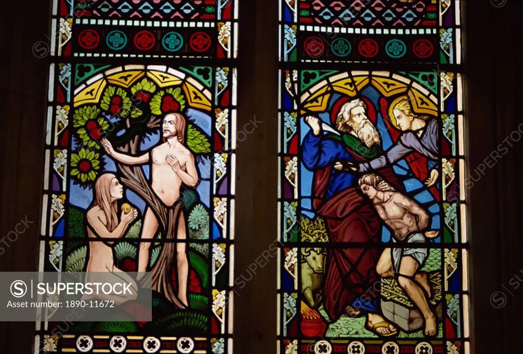 Stained glass of Adam and Eve, and Abraham preparing to sacrifice Isaac, St. Mary´s church, Deerhurst, Gloucestershire, England, United Kingdom, Europ...