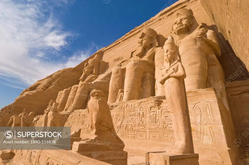 Giant statues of the great pharaoh Rameses II outside the relocated Temple of Rameses II at Abu Simbel, UNESCO World Heritage Site, Egypt, North Afric...