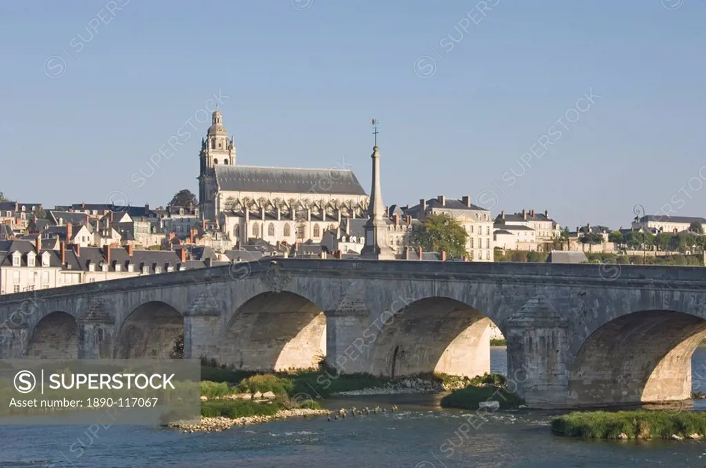 The Cathedrale St._Louis from across the Loire Bridge, Blois, Loir_et_Cher, Loire Valley, France, Europe