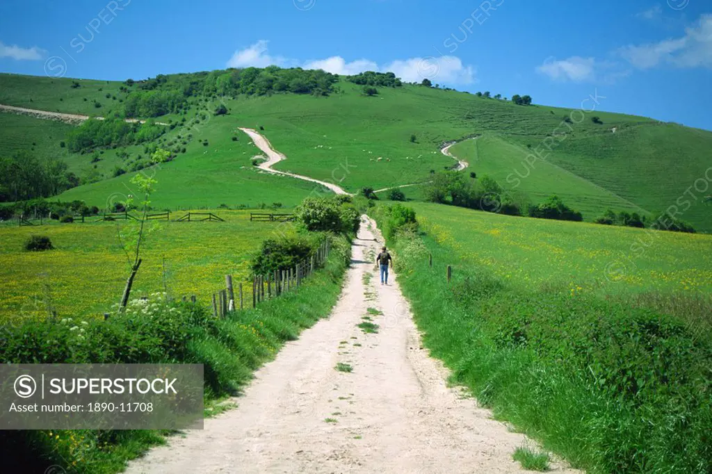 Figure on a pathway leading up a hill in the South Downs, near Lewes, Sussex, England, United Kingdom, Europe