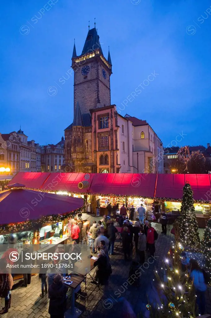 Old Town Square at Christmas time and Old Town Hall, Prague, Czech Republic, Europe