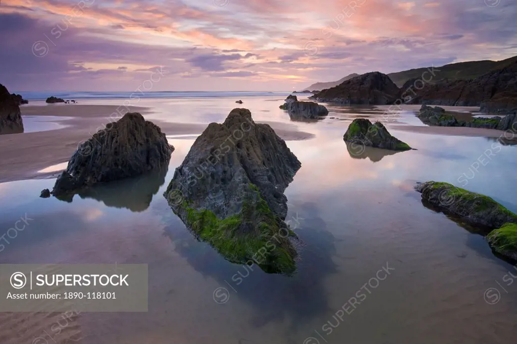 Rockpools exposed at low tide, Combesgate Beach, Devon, England, United Kingdom, Europe
