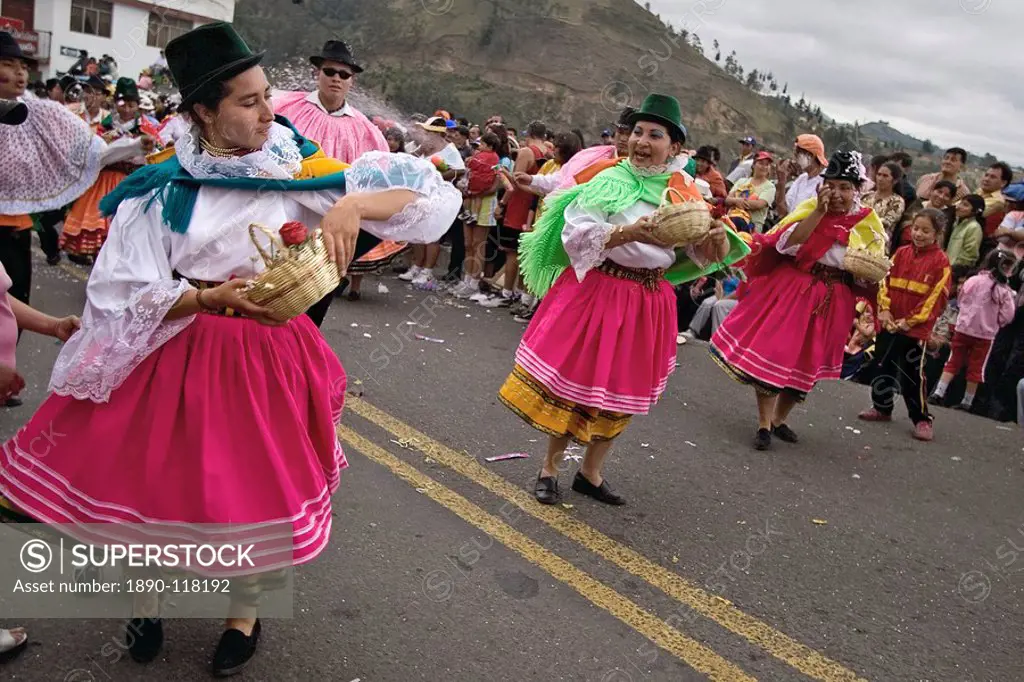 Dancers in traditional clothing at Carnival, one of the biggest in Ecuador, in the town of Guaranda, Bolivar Province, Ecuador, South America