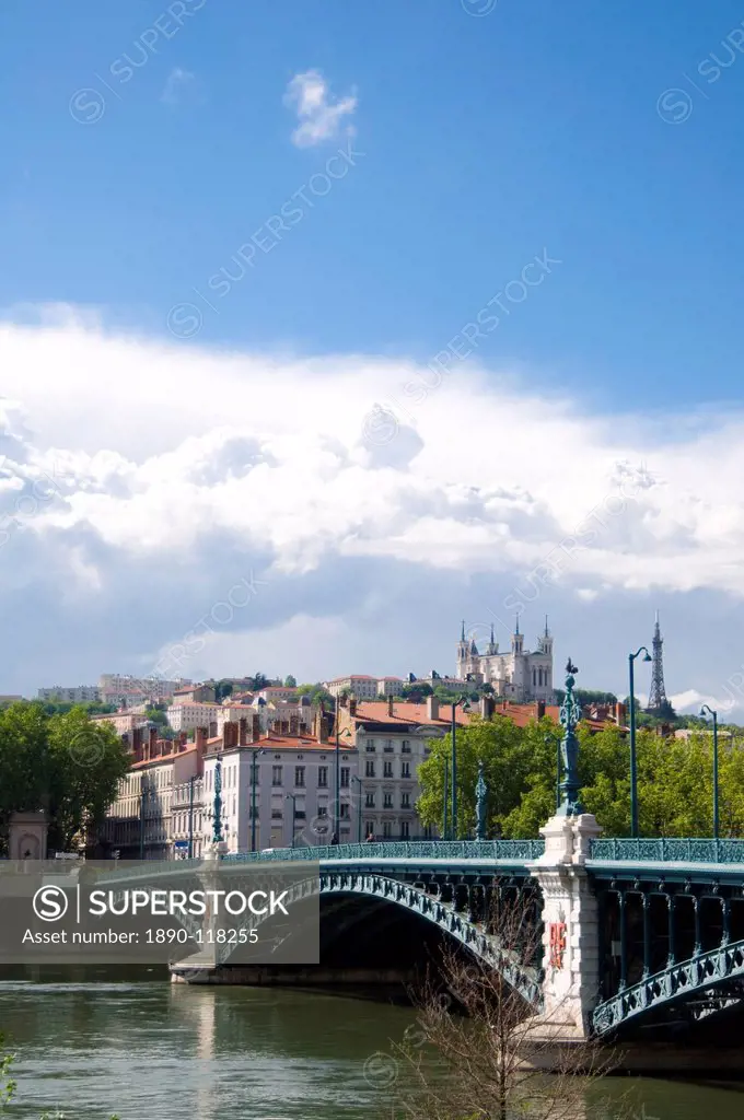 The Pont de l´Universite over the River Rhone and the Lyon skyline, Lyon, France, Europe