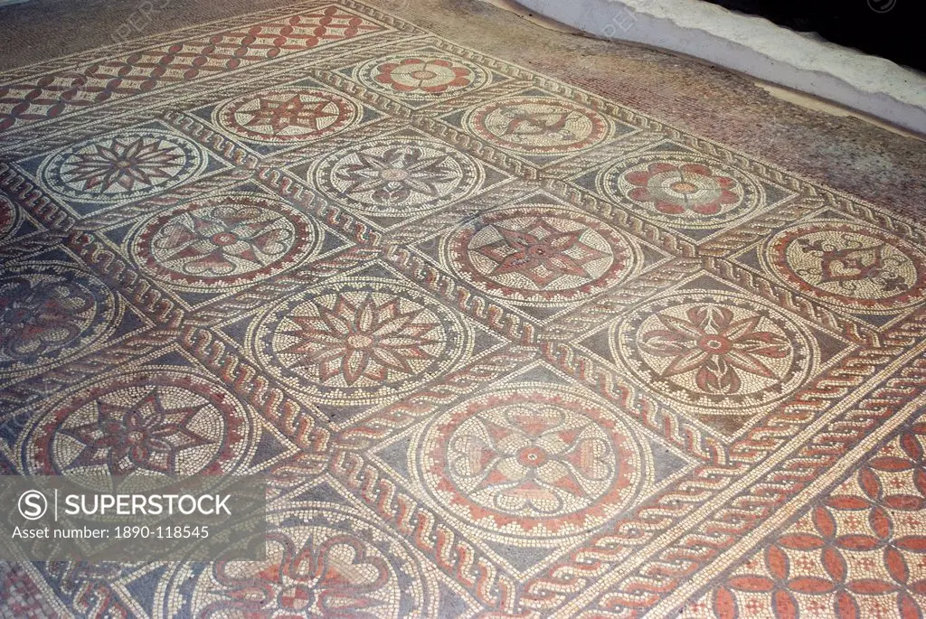 Mosaic from remains of Roman villa, St. Albans, Hertfordshire, England, United Kingdom, Europe