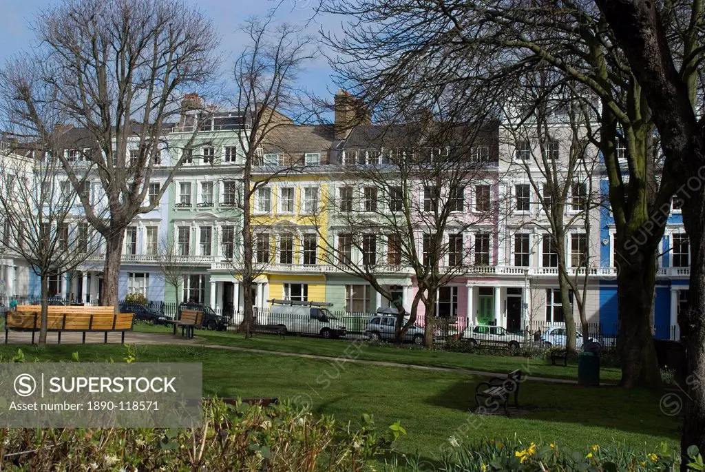 The pastel_coloured houses of Chalcot Square, near Primrose Hill, London, England, United Kingdom, Europe