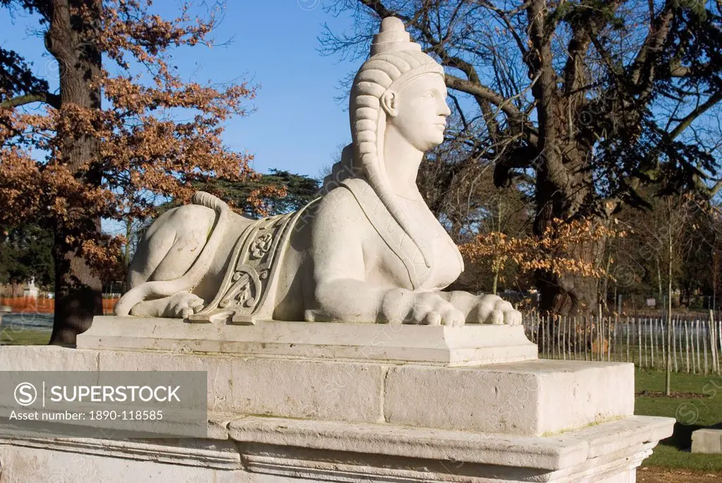 Sphinx as part of house decorations near Chiswick House, Chiswick Gardens and Park, Chiswick, London, England, United Kingdom, Europe