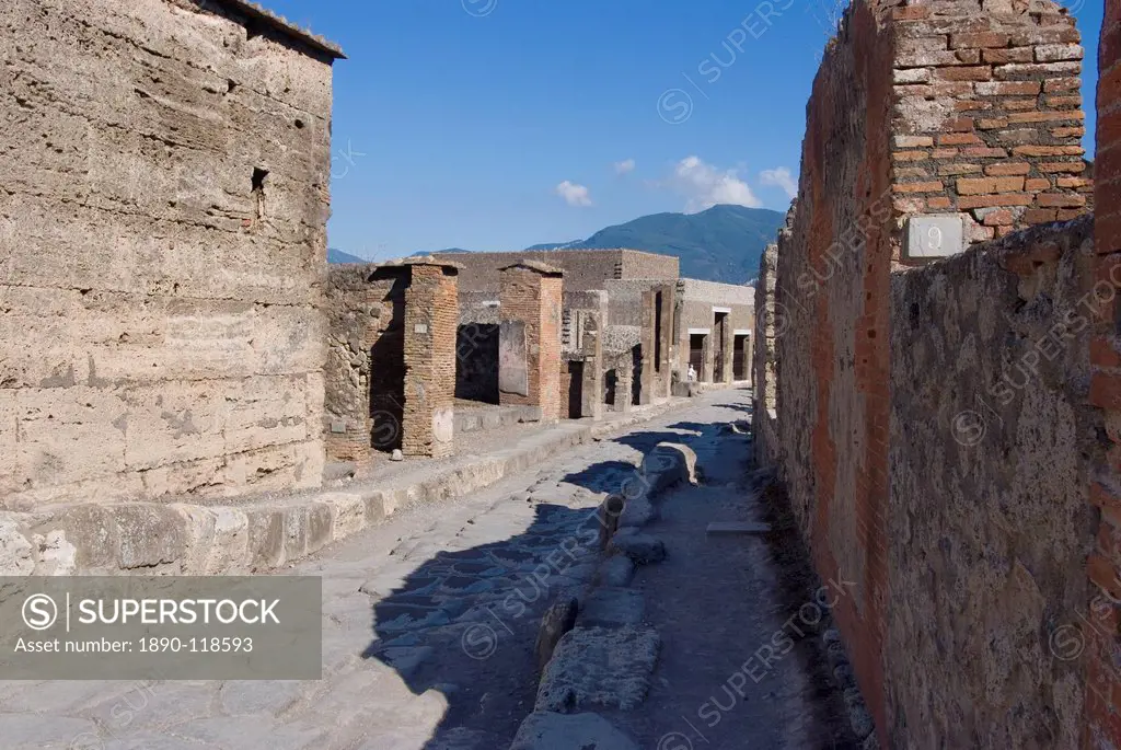One of the main streets in the ruins of the Roman site of Pompeii, UNESCO World Heritage Site, Campania, Italy, Europe