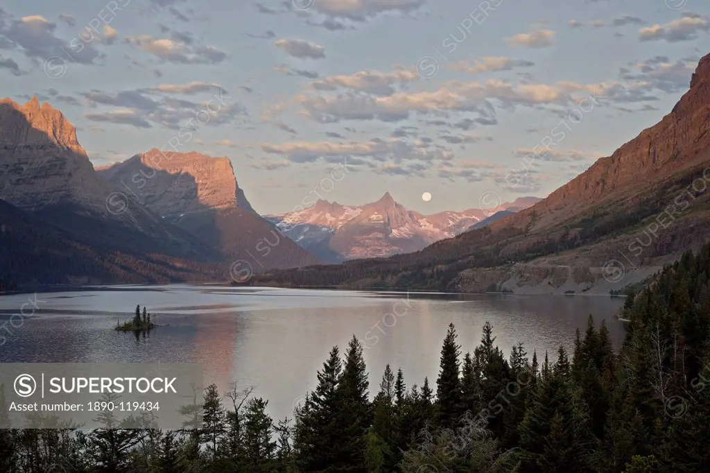 Moonset over St. Mary Lake, Glacier National Park, Montana, United States of America, North America