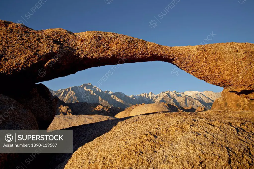 Lathe Arch framing Mount Whitney at first light Alabama Hills, Inyo National Forest, California, United States of America, North America