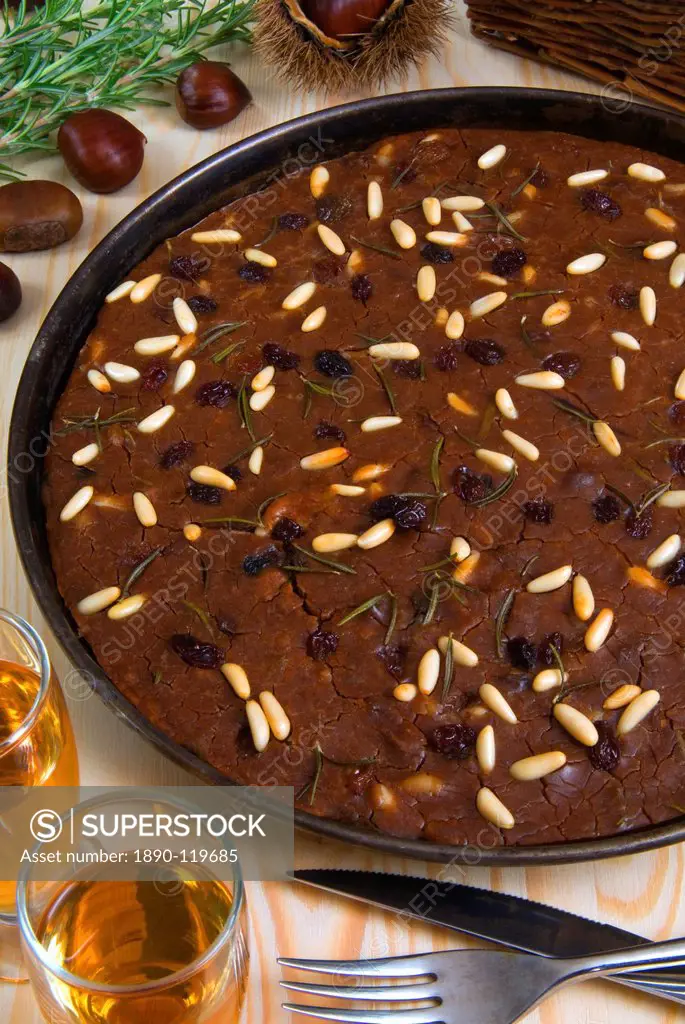 Castagnaccio, pie of chestnut flour with raisins, rosemary and pine nuts, Tuscany, Italy, Europe