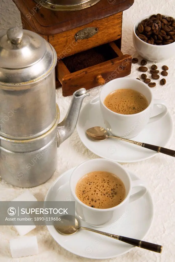 Neapolitan coffee, Neapolitan coffee machine and coffee grinder, Naples, Campania, Italy, Europe