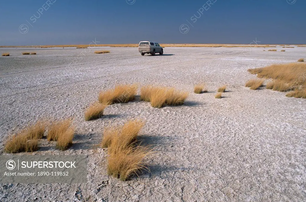 A 4x4 in the salt pans of Makgadikgadi Pan National Park, Makgadikgadi Pan, the largest salt flat complex in the world covering 16000 square kilometer...