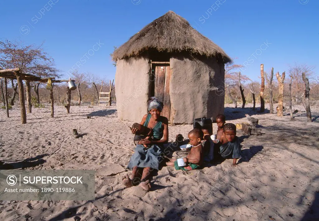 San !Kung village at the foot of Tsodilo Hills, Ngamiland, Botswana, Africa
