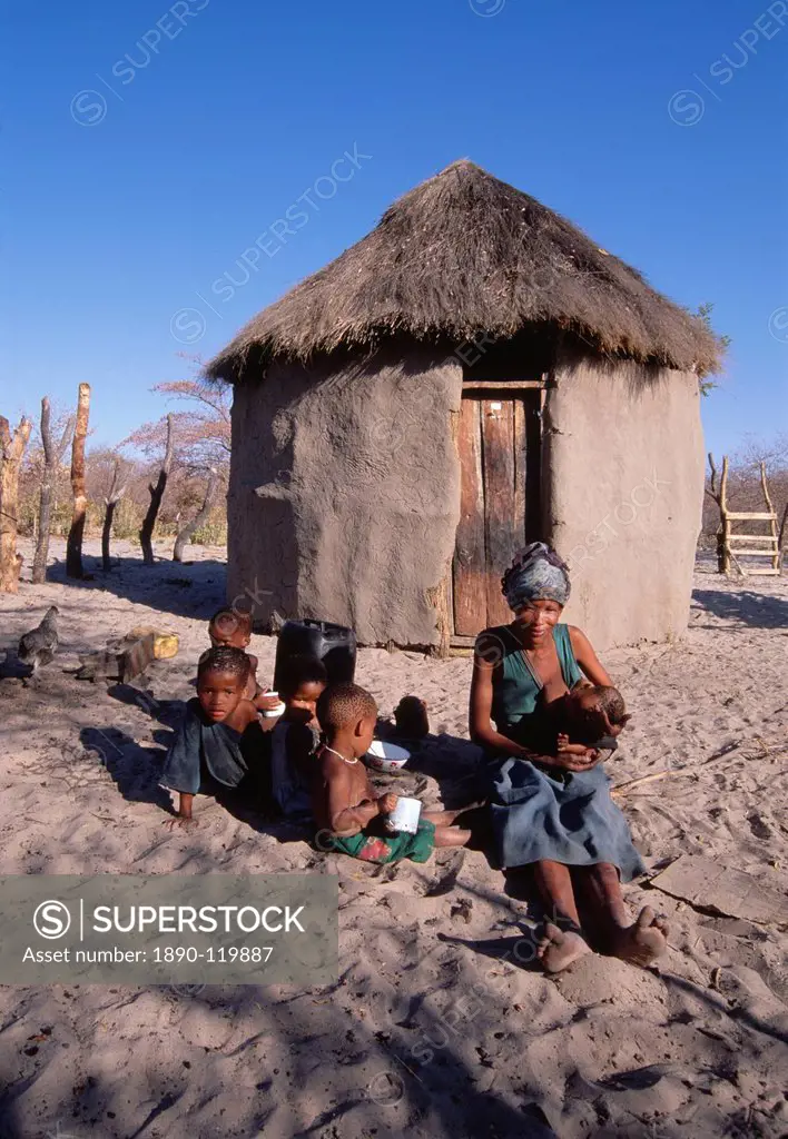San !Kung village at the foot of Tsodilo Hills, Ngamiland, Botswana, Africa
