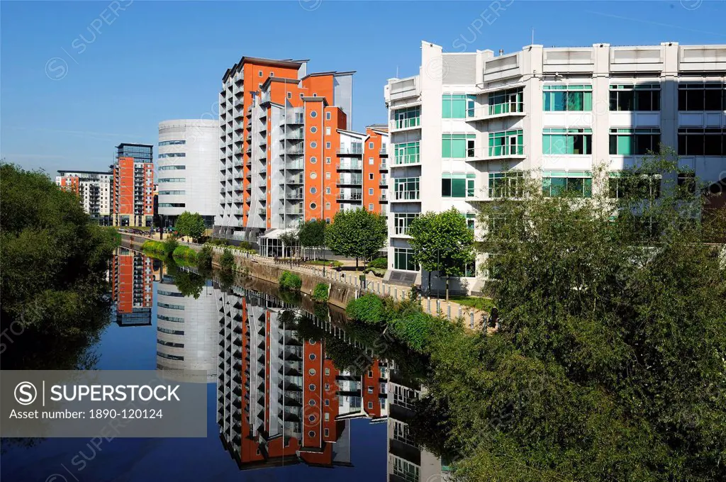 Modern office and apartment buildings beside the River Aire in central Leeds, West Yorkshire, England, United Kingdom, Europe