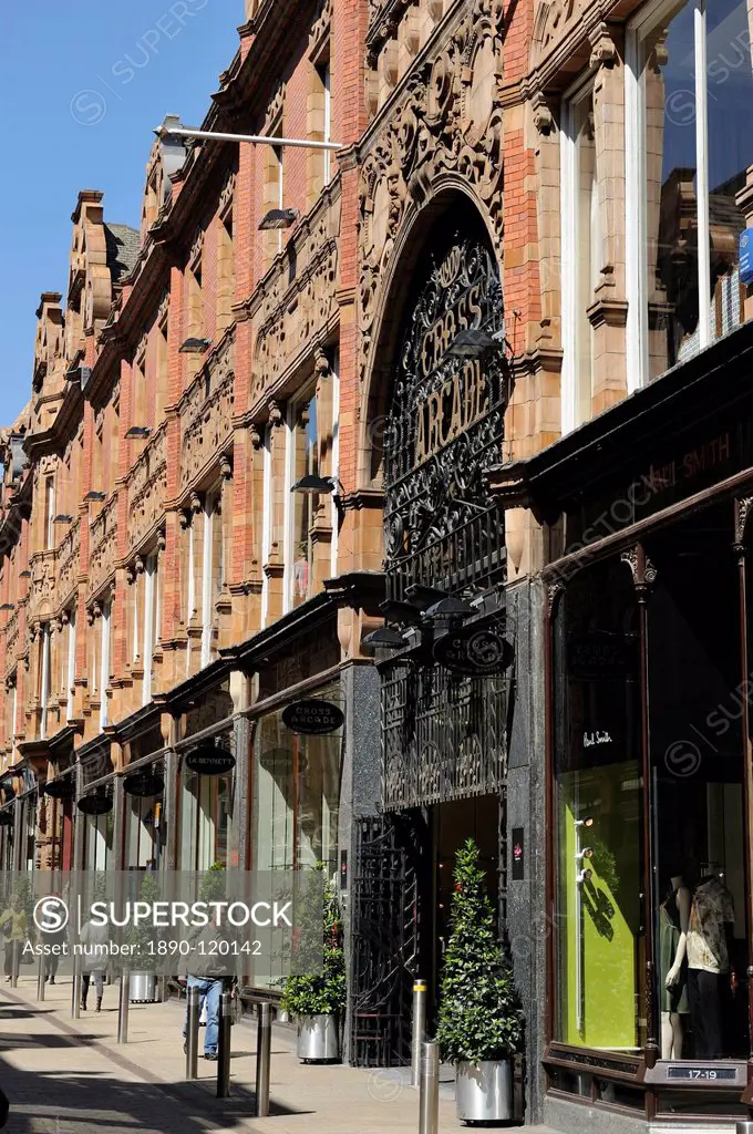 Queen Victoria Street and the facade of Cross Arcade, Leeds, West Yorkshire, England, United Kingdom, Europe