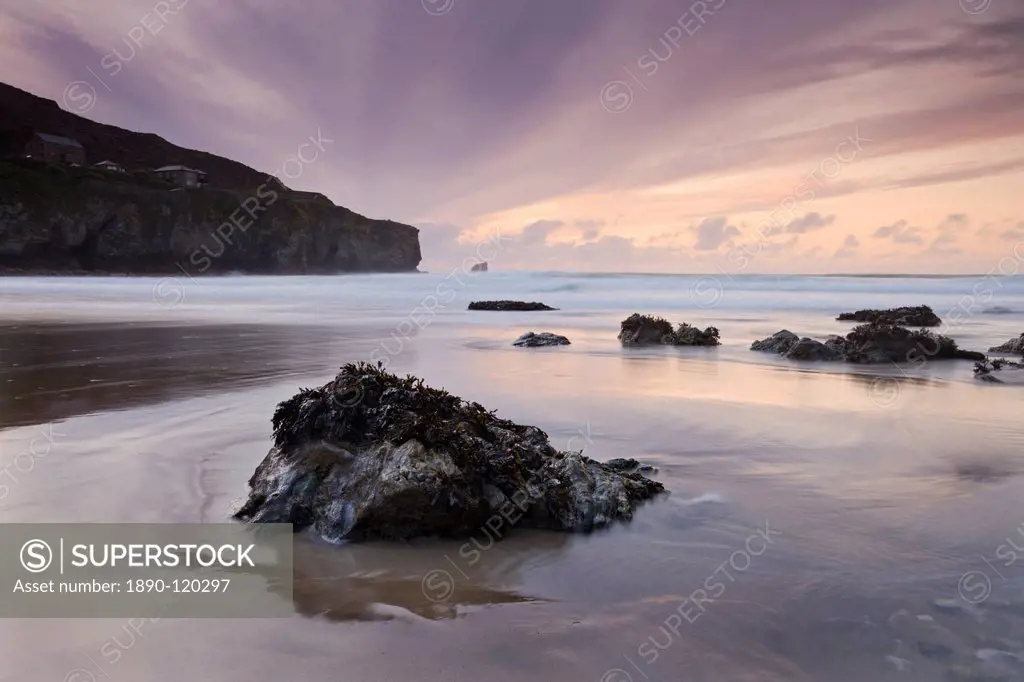 Sunset from the sandy shores of Trevaunance Cove, St. Agnes, Cornwall, England, United Kingdom, Europe