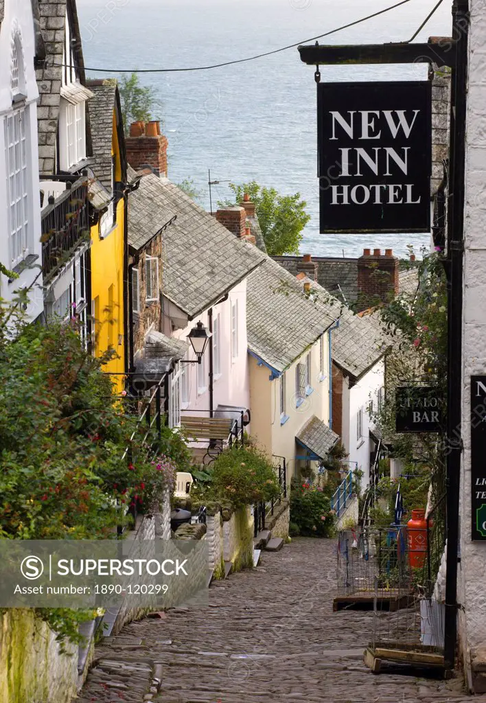 Narrow cobbled street in the fishing village of Clovelly, North Devon, England, United Kingdom, Europe