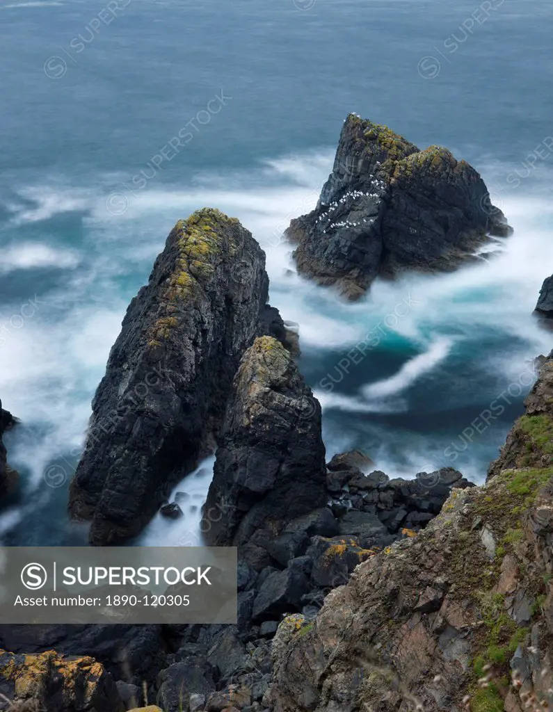 Rocky coastal outcrop The Crowns at Botallack, Cornwall, England, United Kingdom, Europe