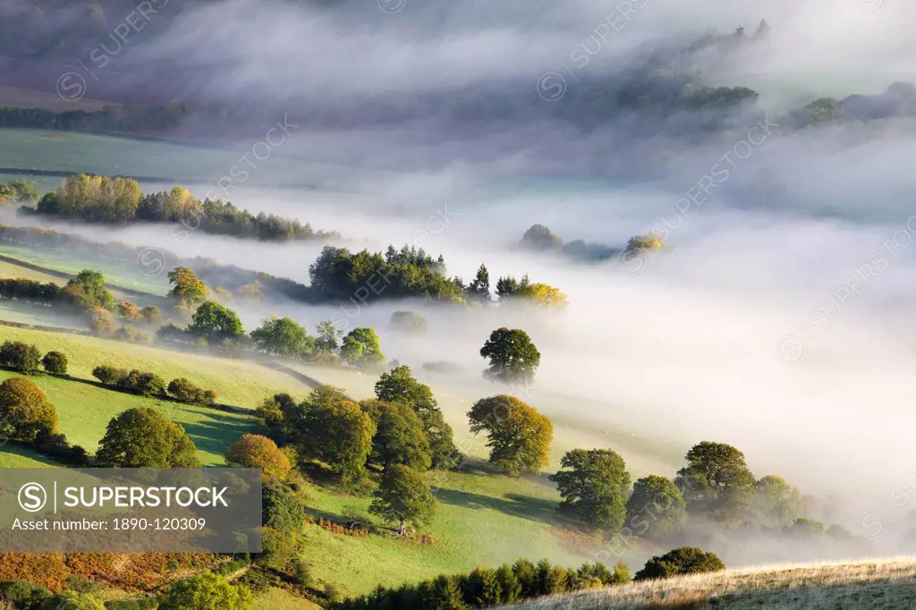Mist covered rolling countryside in the Usk Valley, Brecon Beacons National Park, Powys, Wales, United Kingdom, Europe