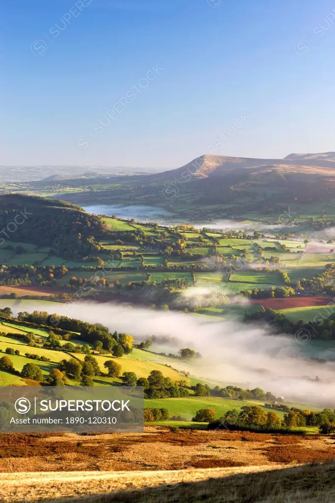 Rolling mist covered farmland in the Usk Valley, Brecon Beacons National Park, Powys, Wales, United Kingdom, Europe