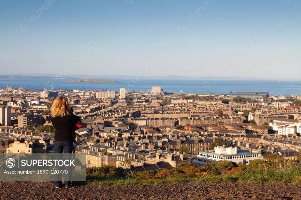 View towards Leith and the Firth of Forth from Calton Hill, Edinburgh, Lothian, Scotland, United Kingdom, Europe
