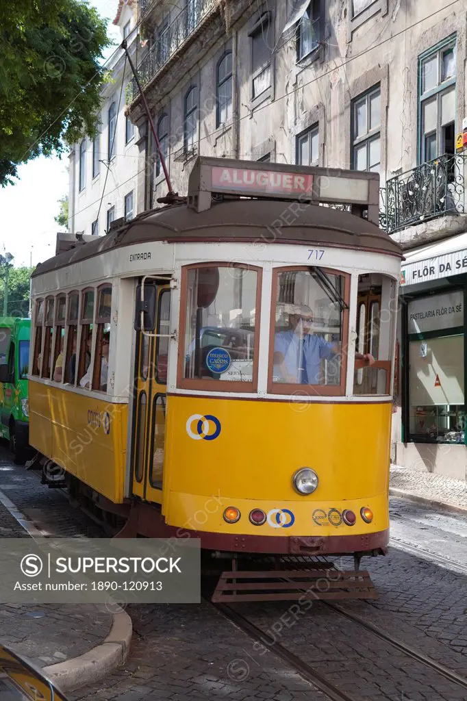 Tram in the Alfama district, Lisbon, Portugal, Europe