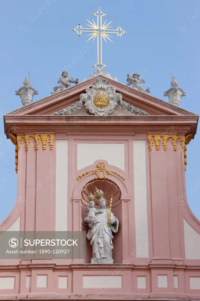 Catholic cross and statue of the Virgin Mary, Gottweig Benedictine abbey, Gottweig, Lower Austria, Austria, Europe