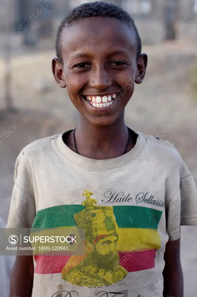 Lalibela boy wearing a Haile Selassie t_shirt, Lalibela, Wollo, Ethiopia, Africa