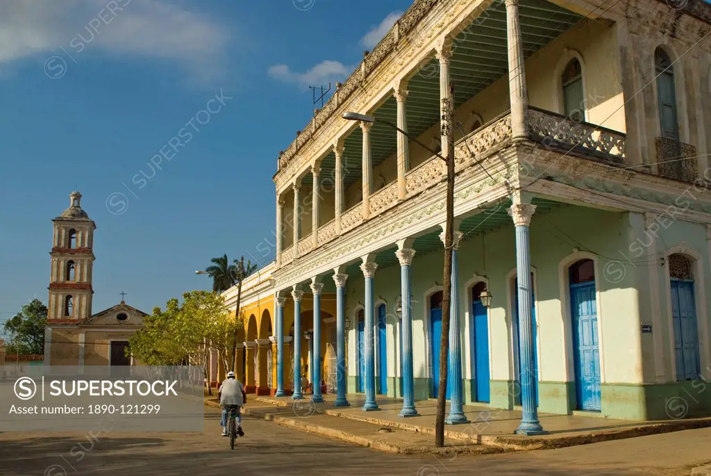 Colonial house and church in Remedios, Cuba, West Indies, Caribbean, Central America