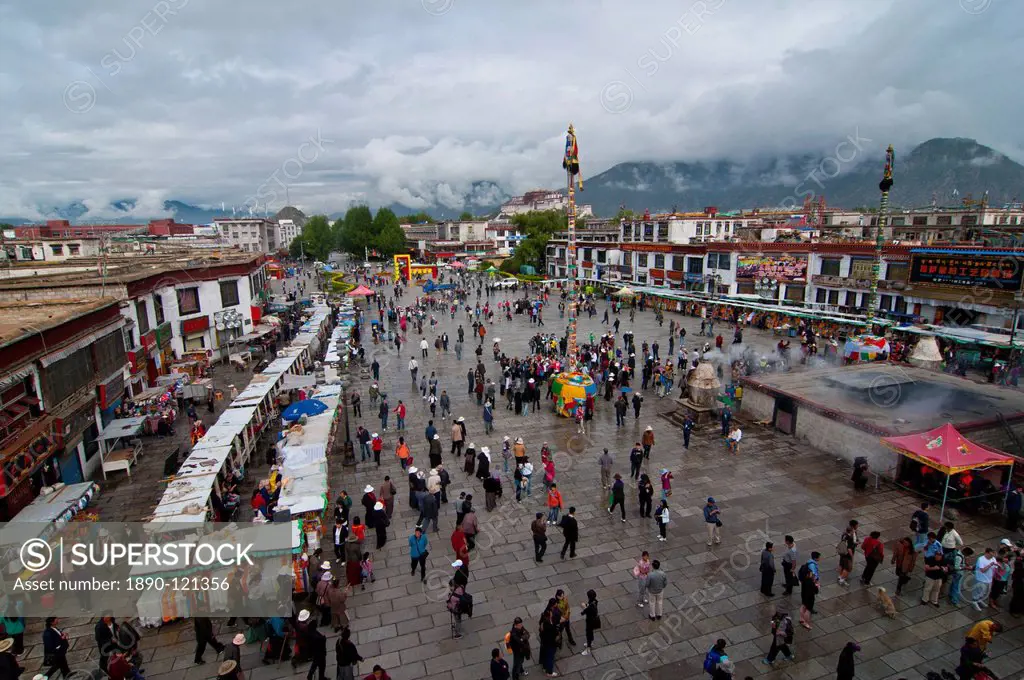 View over the Barkhor, a public square located around Jokhang Temple in Lhasa, Tibet, China, Asia