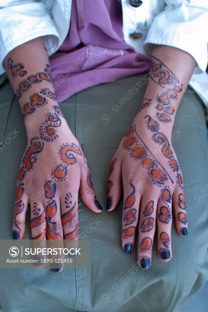Somali woman´s hands covered in henna tattoos, Addis Ababa, Ethiopia, Africa