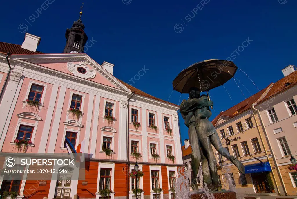Fountain in front of the town hall on the Market Square Raekoja Plats in Tartu, Estonia, Baltic States. Europe