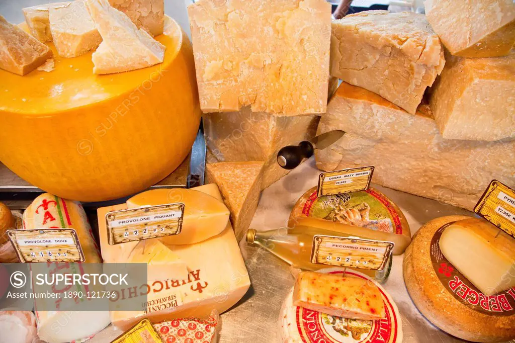 Varous kinds of cheese for sale at street market, Bastille, Paris, France, Europe