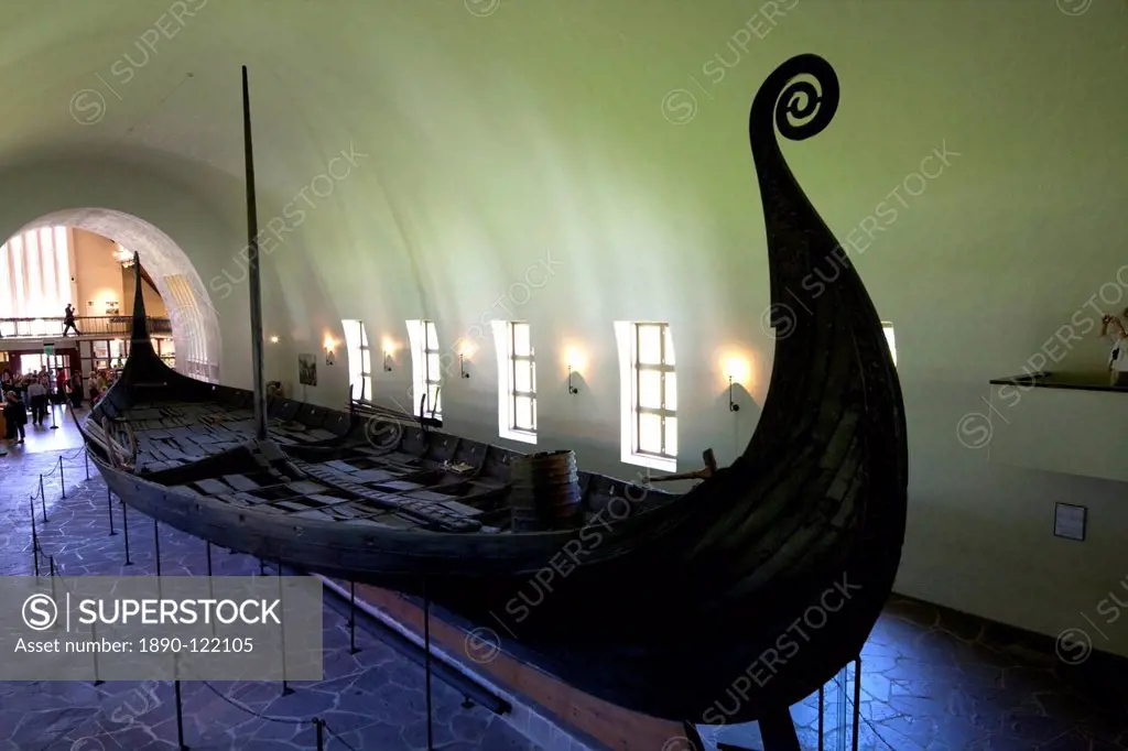 Oseberg ship, 9th century burial vessel with classic curled prow, Viking Ship Museum, Vikingskipshuset, Bygdoy, Oslo, Norway, Scandinavia, Europe