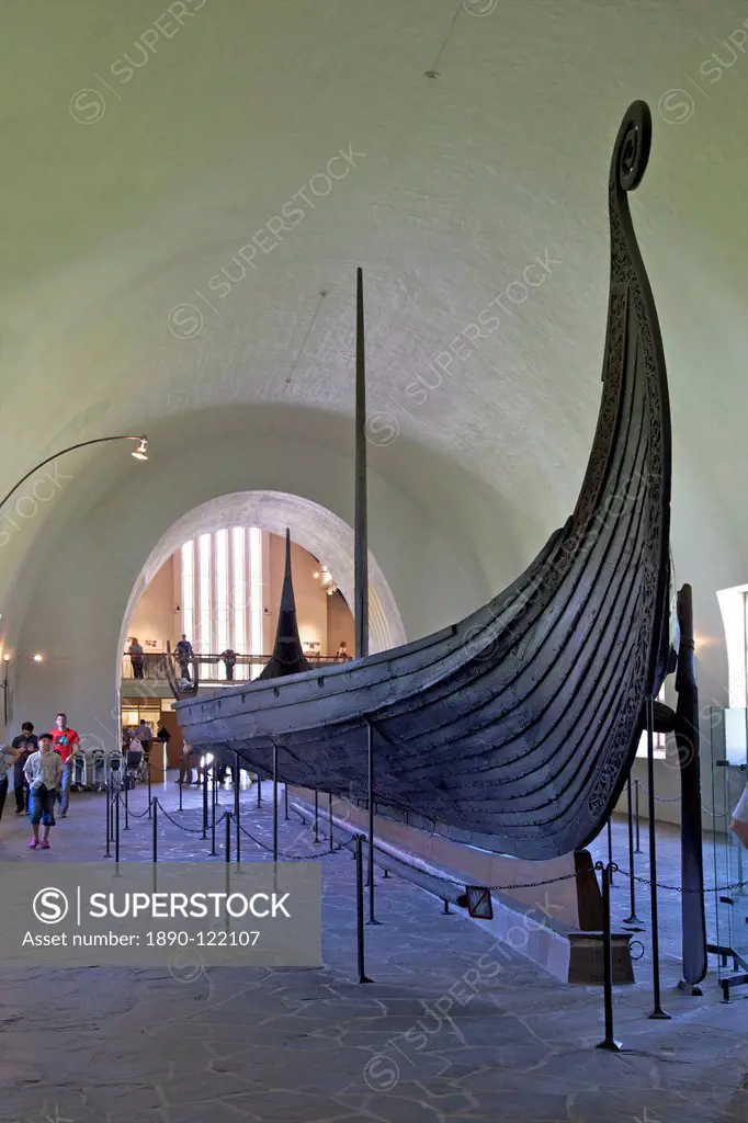 Oseberg ship, 9th century burial vessel with classic curled prow, Viking Ship Museum, Vikingskipshuset, Bygdoy, Oslo, Norway, Scandinavia, Europe