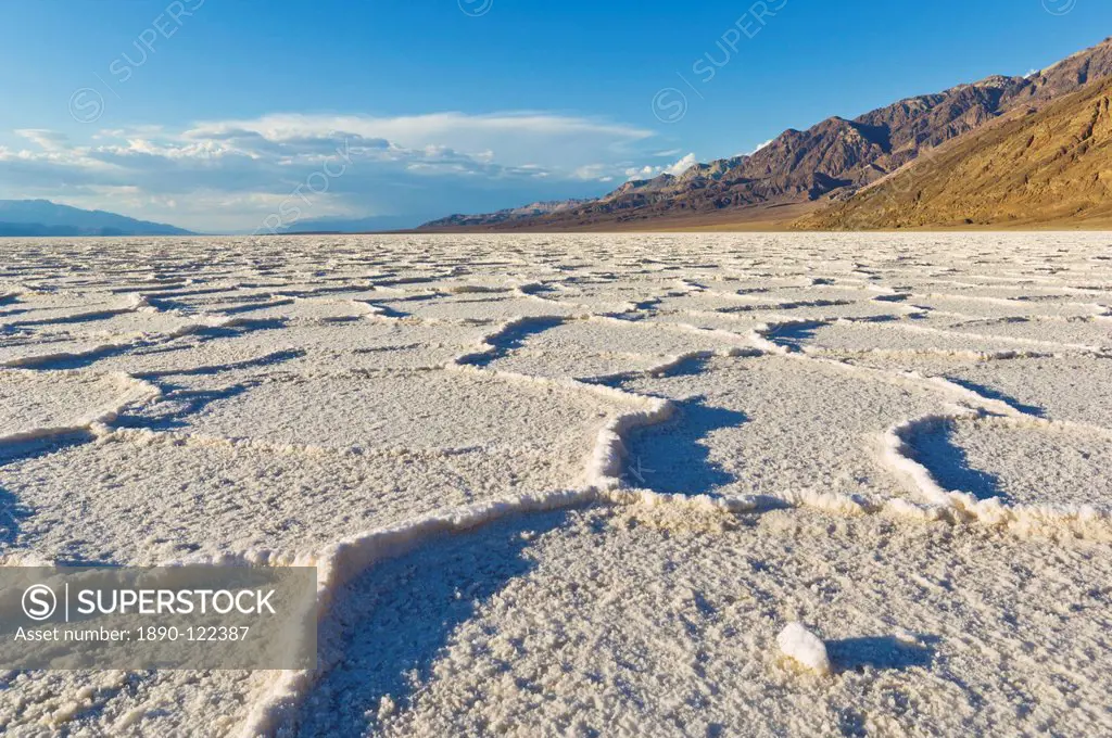 Salt pan polygons at Badwater Basin, 282ft below sea level and the lowest place in North America, Death Valley National Park, California, United State...