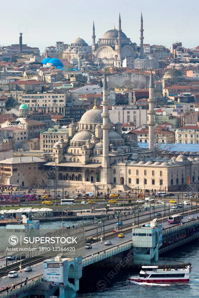 Yeni Camii, the Great Mosque, Blue Mosque (behind), Golden Horn, ferry boat on Bosphorus, Istanbul, Turkey, Europe, Eurasia
