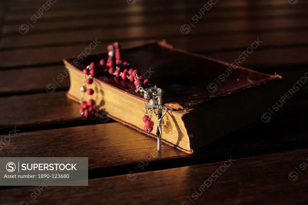 Old Bible and rosary, Madikwe, South Africa, Africa