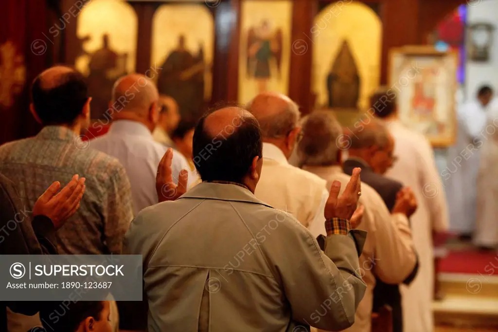 Men´s section during celebration in Abbassiya Coptic church, Cairo, Egypt, North Africa, Africa