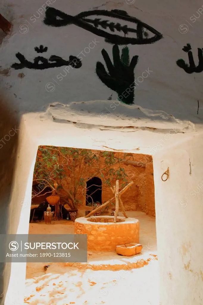 View of well from inside Berber underground dwellings, Matmata, Tunisia, North Africa, Africa