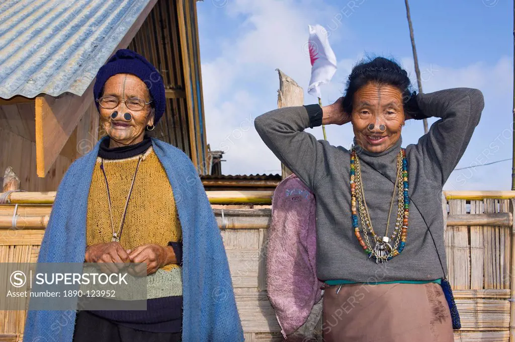Old women of the Apatani tribe famous for the wooden pieces in their nose to make them ugly, Ziro, Arunachal Pradesh, Northeast India, India, Asia