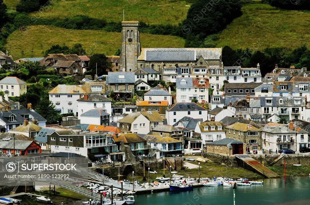 View of the Kingsbridge estuary, with harbour and boatyards, Salcombe, Devon, England, United Kingdom, Europe