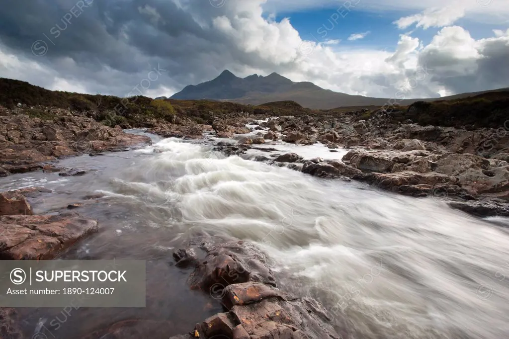 River Sligachan tumbling over rocks with Sgurr nan Gillean in distance, Glen Sligachan, Isle of Skye, Highlands, Scotland, United Kingdom, Europe