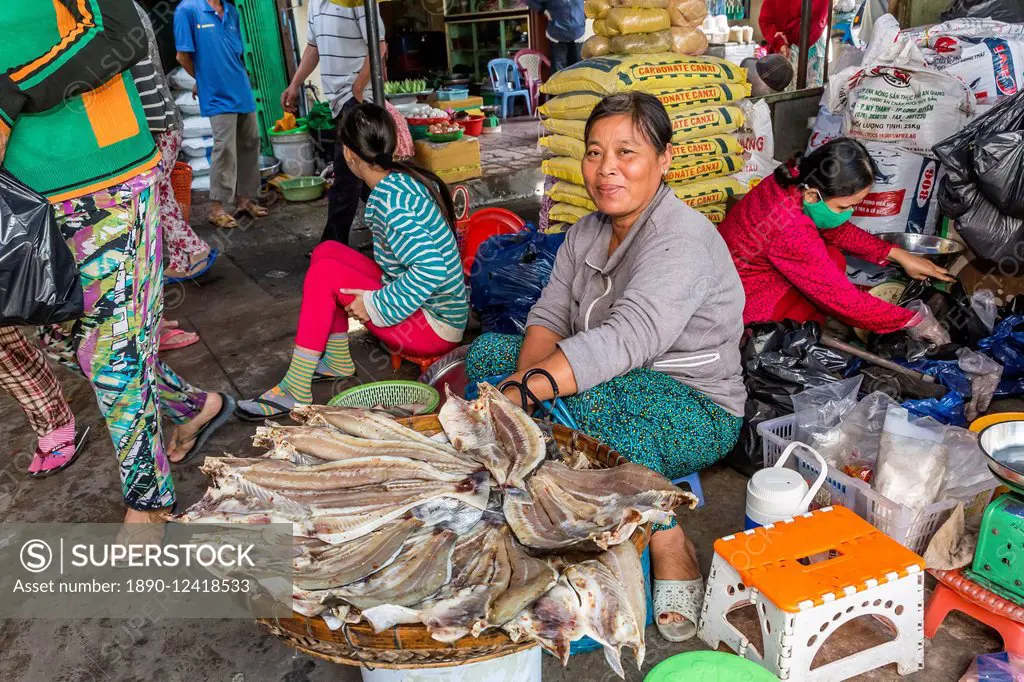 Woman selling dried fish at the local market in Chau Doc, Mekong River Delta, Vietnam, Indochina, Southeast Asia, Asia
