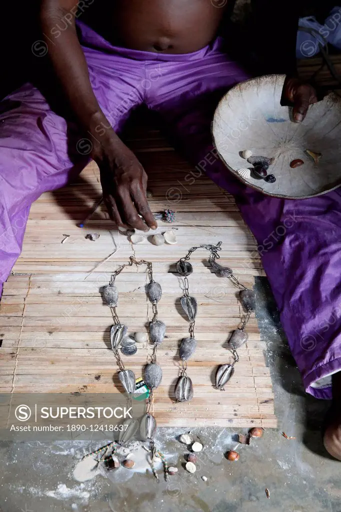 Rosary made of cowries used in divination in the house of the Fa in Ouidah, Benin, West Africa, Africa