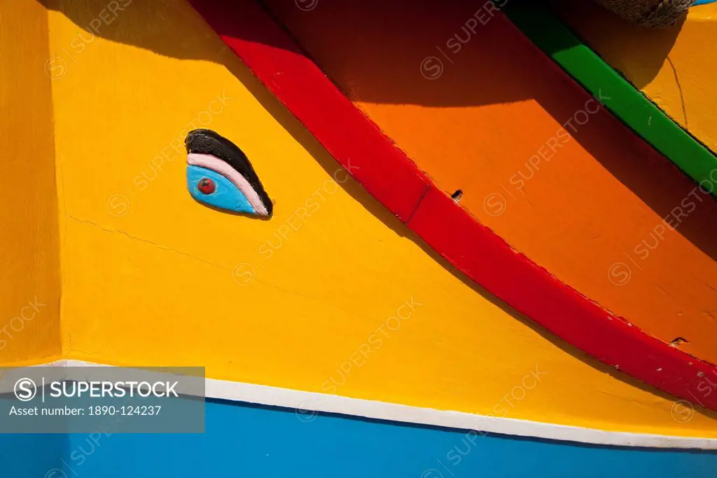 Close_up of Eye of Osiris on fishing boat, Marsaxlokk, Malta, Mediterranean, Europe